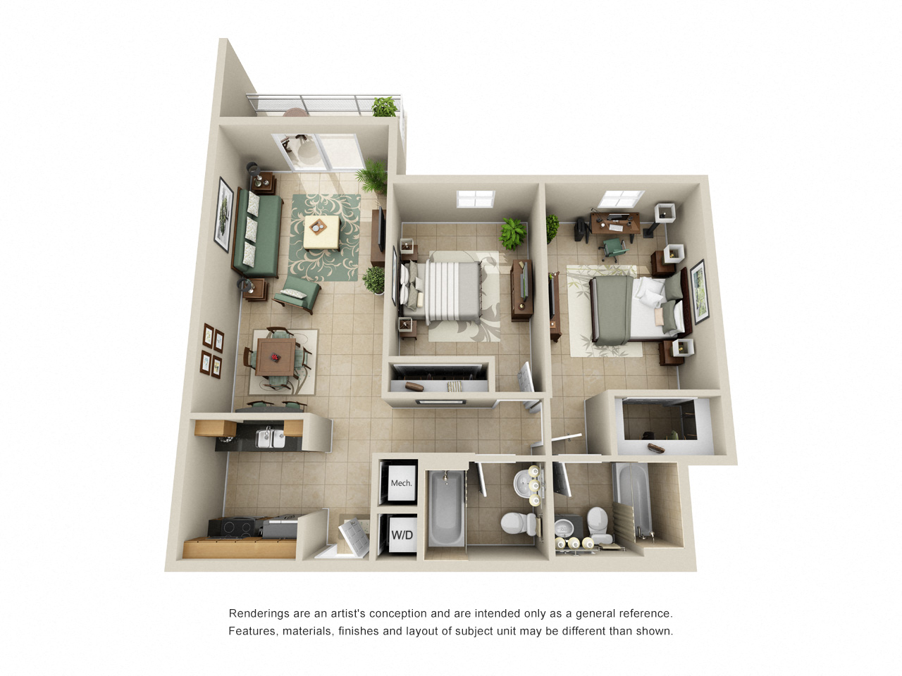 Floor plan for 2 beds, 2 baths, 1071 sqft